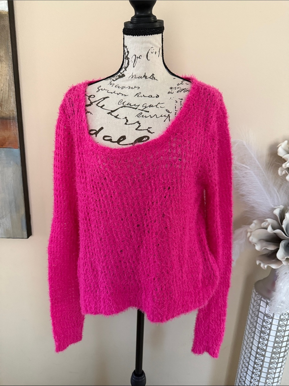 Soft Fuchsia Scoop Neck Fuzzy Knit Sweater